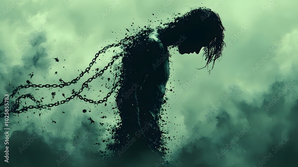 Watercolor representation of a powerful figure shattering chains in a dramatic landscape Watercolor representation of a powerful figure shattering chains in a dramatic landscape