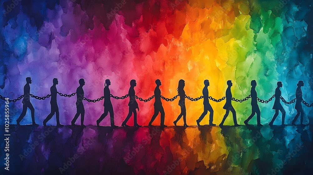 Watercolor painting of individuals breaking free from chains in a dynamic composition Watercolor painting of individuals breaking free from chains in a dynamic composition