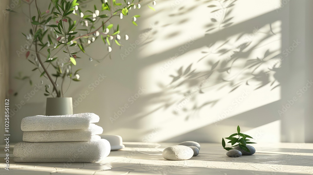 A spa-like setting with a stack of white towels, grey stones, and a green sprig of foliage in a minimalist and serene ambiance. A spa-like setting with a stack of white towels, grey stones, and a green sprig of foliage in a minimalist and serene ambiance.