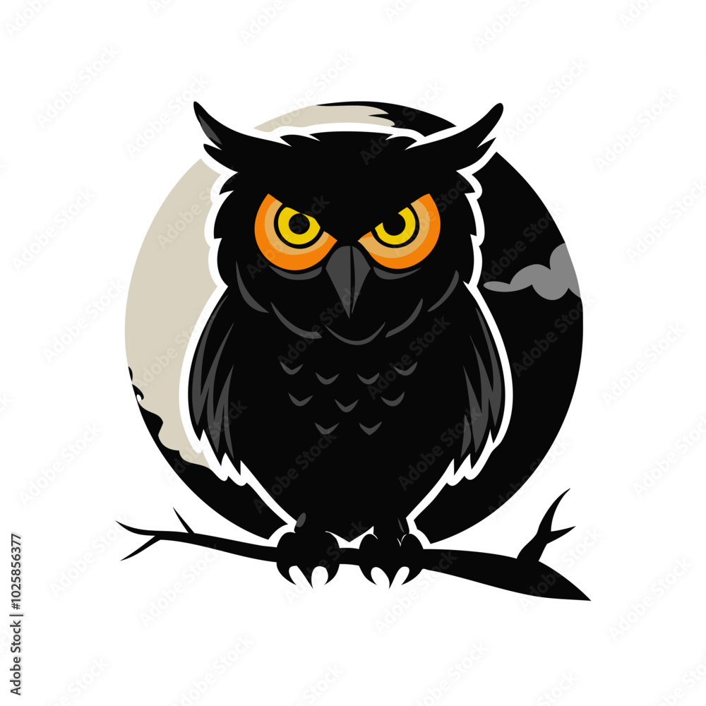 Fototapeta premium Black owl with glowing eyes perched