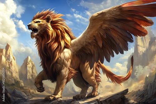 Illustration of an ancient gold eagle with golden wings. 