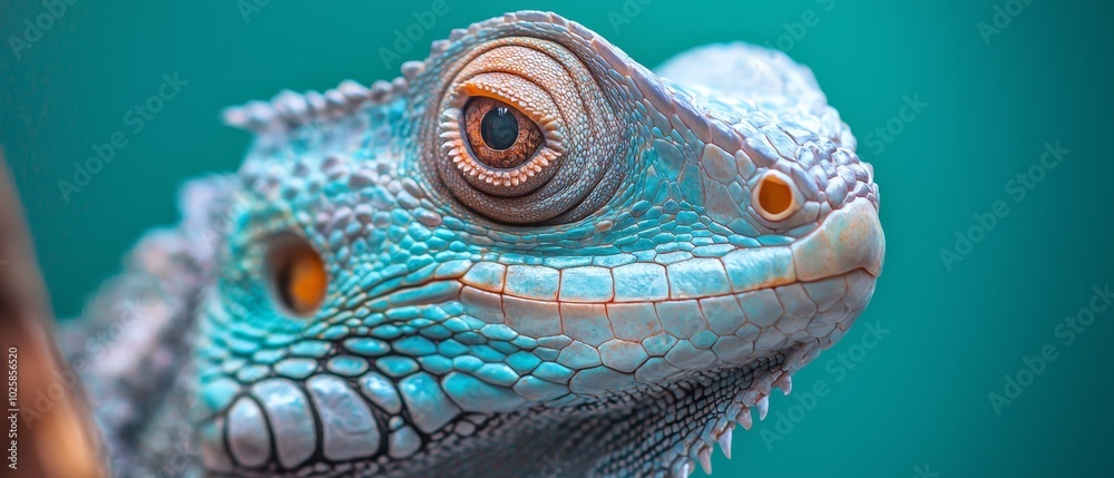 A clear lizard face with a softly blurred background and a blue sky above A clear lizard face with a softly blurred background and a blue sky above