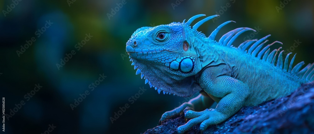 Fototapeta premium A tight shot of an iguana perched on a tree branch against softly blurred background trees