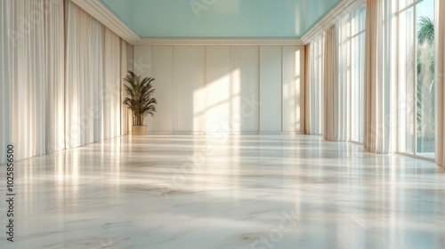 A large, airy room with floor-to-ceiling windows, light curtains, and a single potted plant. Sunlight streams in, casting gentle shadows on the polished floor.