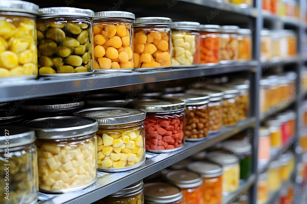 Variety of colorful canned fruits and vegetables in jars Variety of colorful canned fruits and vegetables in jars