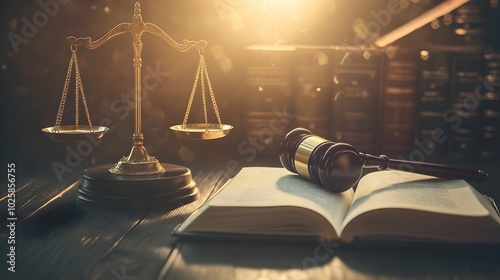 Gavel Scales and Open Book on Warm Toned Wooden Table   Legal Concept Symbolizing Justice and Law photo