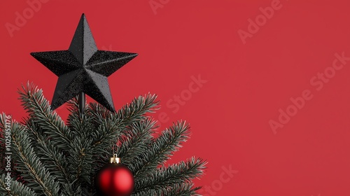 Black Christmas star topper glowing on a redlit tree, 3D illustration photo