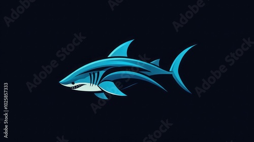 A blue shark with a white mouth is shown against a dark blue background.