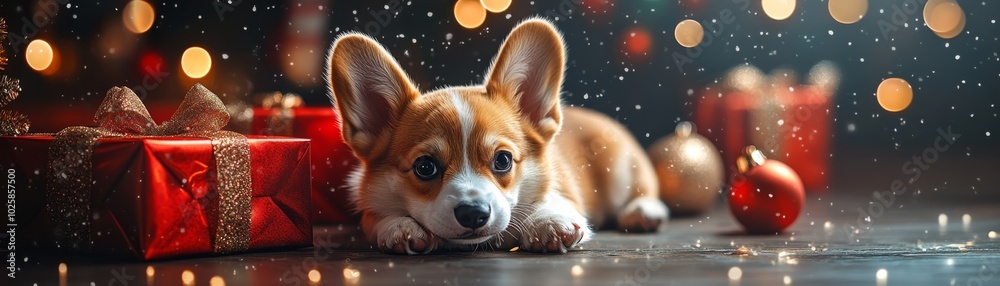 Obraz premium Christmas theme header with corgi, realistic 4k