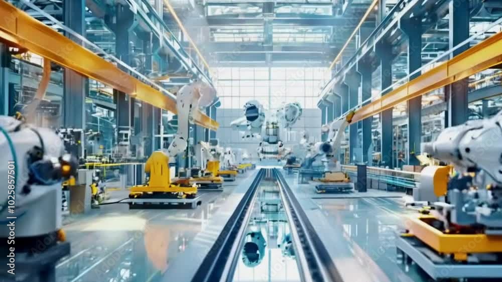 Automated Factory with Yellow Robotic Arms on a Production Line Automated Factory with Yellow Robotic Arms on a Production Line