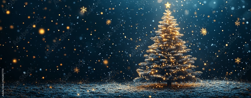 Naklejka premium Christmas tree with golden snowflakes on a dark blue background, vector illustration.