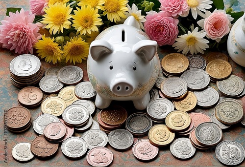 Piggy Bank Surrounded by Coins and Flowers on a Colorful Background