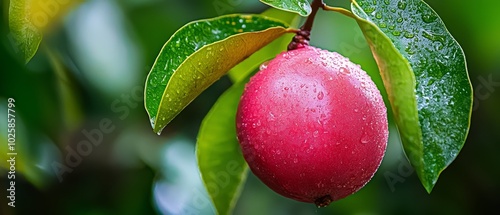  A tight shot of a ripe fruit on a tree branch, adorned with dewdrops on its surrounding leaves, remains unpicked photo