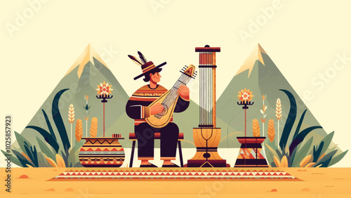 a flat illustration of an Inca man playing the huica silbador musical instrument