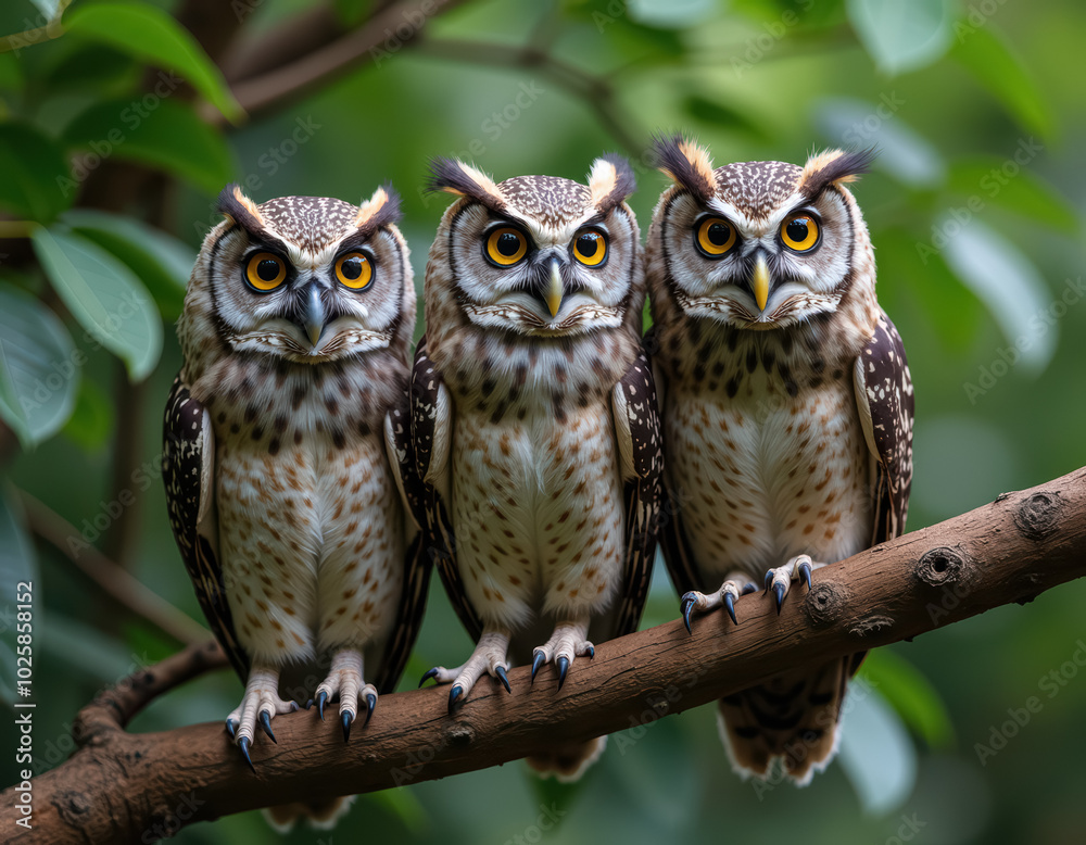 Three owls perched on a branch Three owls perched on a branch