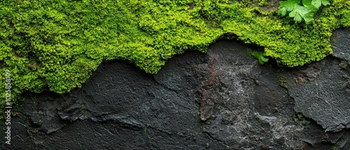  Green moss adheres to black rock; above, a green-leafed plant grows photo