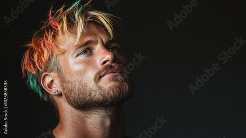 A pensive man with a vibrantly colorful hairstyle gazes thoughtfully, highlighting his unique style and contemplative nature against a somber background. photo