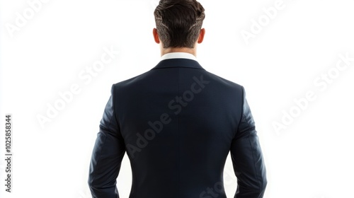 Back view of full-body man in formal attire, standing straight on white background. Business look, hands by sides