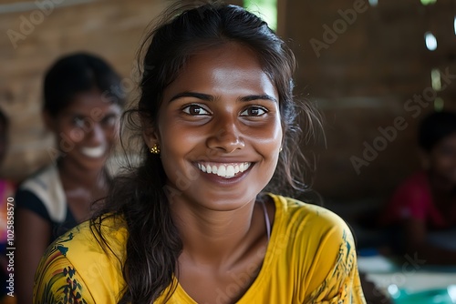 portrait of smiling young indian woman at the local village in goa.