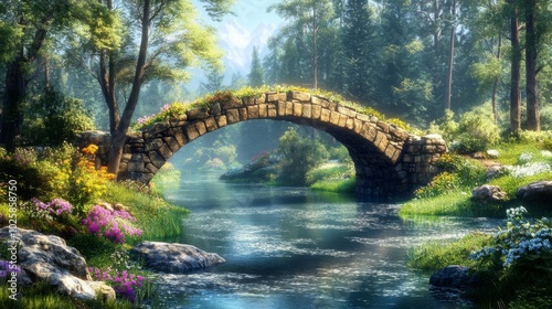 Stone Arch Bridge Over a River in a Lush Forest