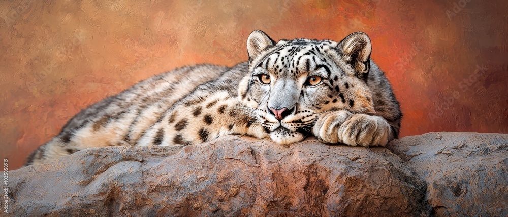 Fototapeta premium A snow leopard in tight focus, perched atop a stone, before a scarlet backdrop with orange hues
