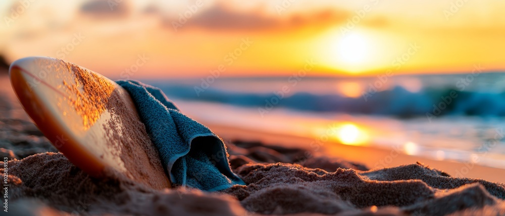 A tight shot of a surfboard on sandy beach, sun sinking in backdrop, ocean in proximity A tight shot of a surfboard on sandy beach, sun sinking in backdrop, ocean in proximity