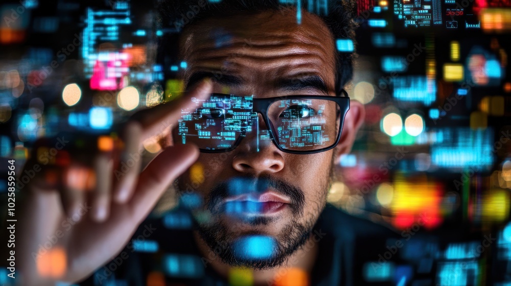 Close-up of a Man's Face with Digital Data Reflected in His Glasses Close-up of a Man's Face with Digital Data Reflected in His Glasses