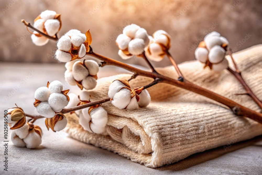 Fototapeta premium Natural Cotton Flower Branch with Beige Bathroom Towels for Spa Relaxation and Beauty Treatment in Organic Home Decor