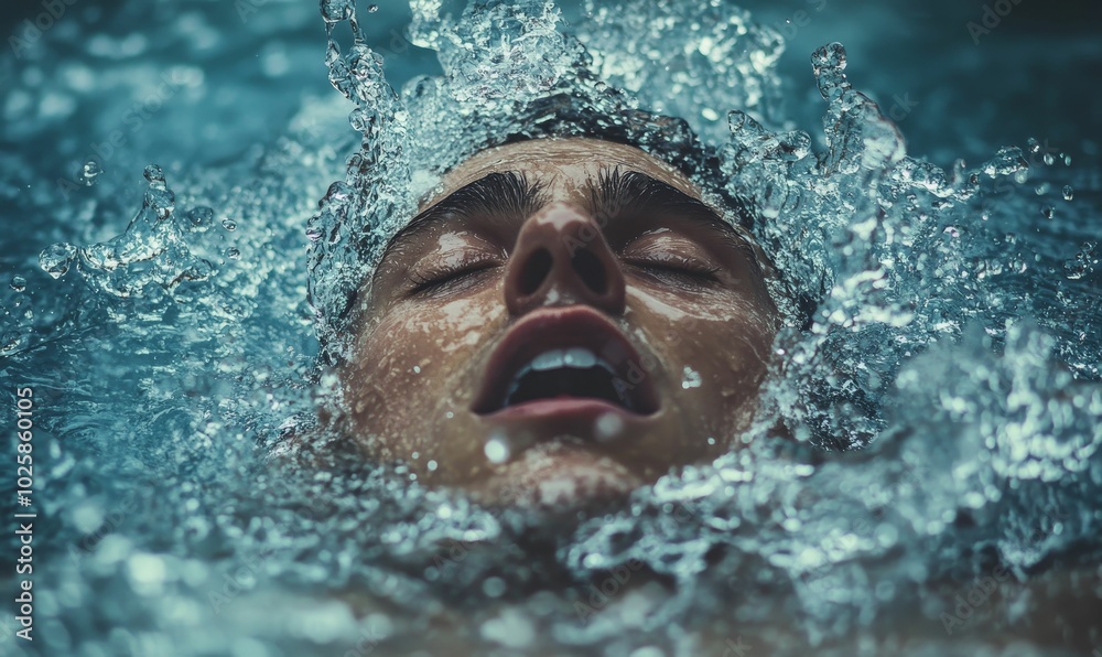 A man submerged in water with splashes. A man submerged in water with splashes.