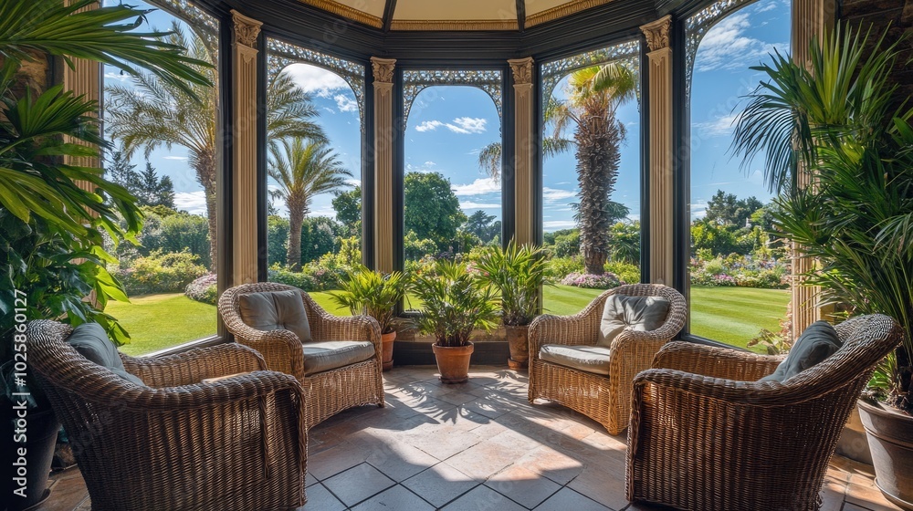 Fototapeta premium A Victorian-style sunroom with wicker furniture