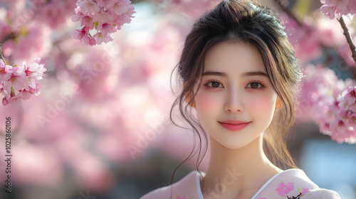 Cute asian girl wearing beautiful traditional kimono at spring day in Japan, cherry blossom sakura tree temple shrine tea ceremony garden at background. Happy young Japanese woman smiling at camera