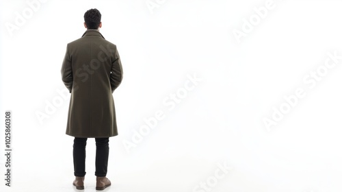 Wallpaper Mural Full-body back view of man in winter coat, standing with hands in pockets on white background. Casual and stylish Torontodigital.ca