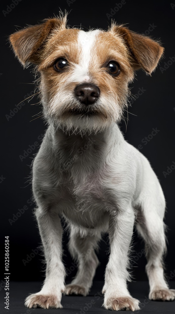 A small brown and white dog stands atop a black floor, its sad expression near a black wall A small brown and white dog stands atop a black floor, its sad expression near a black wall