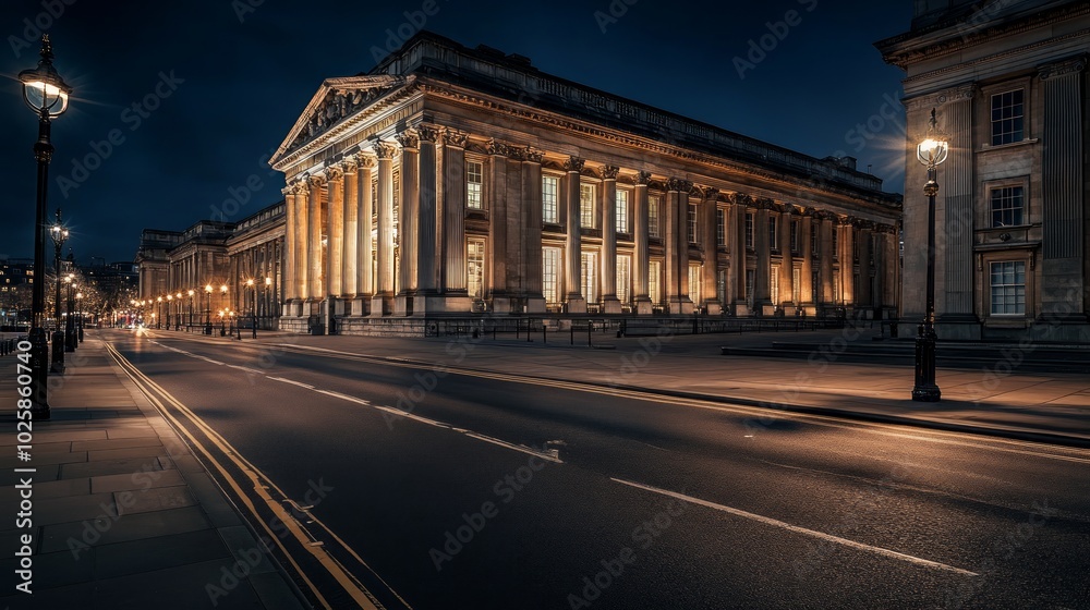 Fototapeta premium A classic building with columns stands illuminated on a quiet street at night.