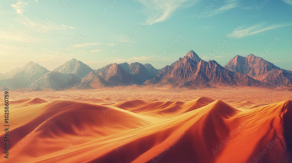 Fototapeta premium A vast desert with a heat shimmer creating a distorted view of distant mountains, their peaks appearing warped and floating