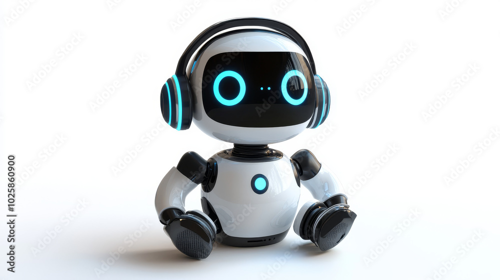 A robot with headphones and a microphone helps answer questions. It looks like an avatar or a user profile picture and uses artificial intelligence to provide support. A robot with headphones and a microphone helps answer questions. It looks like an avatar or a user profile picture and uses artificial intelligence to provide support.