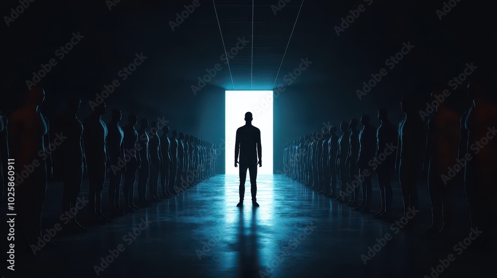 A solitary person stands in a dark room, enveloped by shadowy figures that symbolize fear and doubt. A solitary person stands in a dark room, enveloped by shadowy figures that symbolize fear and doubt.