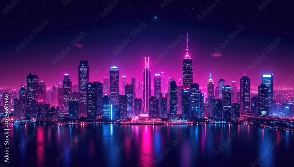 Obraz premium Vibrant city skyline at night with neon lights reflecting in the water under a starry sky