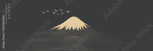 Vector abstract art landscape mountain with birds and sunrise sunset by golden line art texture isolated on dark grey black background. Minimal luxury style for wallpaper, wall art decoration.