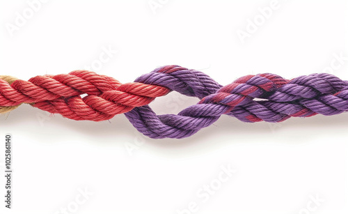 Close-up of red and purple ropes tightly intertwined, symbolizing unity and connection, set against a clean white background. 