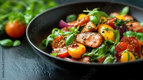 This enticing image presents a savory salmon dish adorned with colorful cherry tomatoes and fresh herbs, evoking a sense of freshness and vibrant wellness.