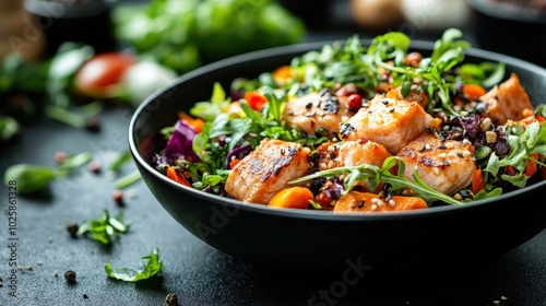 This image features a savory salmon and vegetable salad, enriched with leafy greens and sesame seeds, vividly presented in a dark bowl for a nutritious meal.