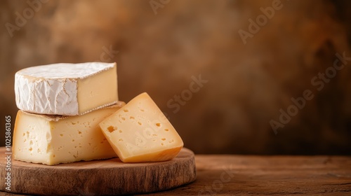 Various types of cheese displayed on a wooden cutting board, highlighting a diverse range of textures and tastes perfect for culinary enjoyment or gourmet pairings. photo