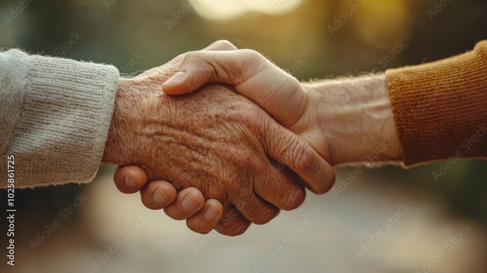 Handshake, old man's hand and young man's hand, close-up, on light background, great quality and texture