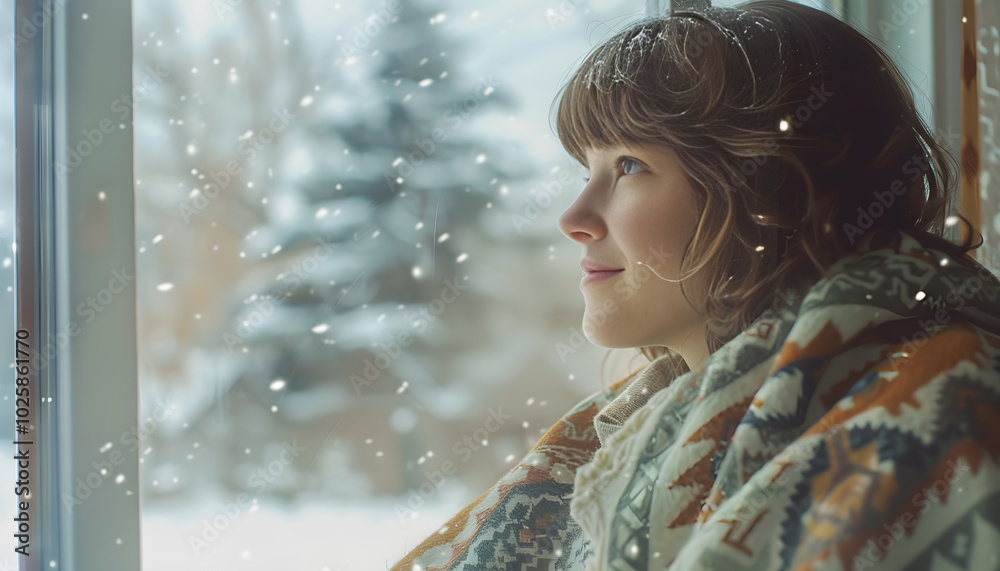 Looking out the window through the window, a young brunette woman wears a nordic print poncho, while the outside scene is blurry and filled with snow Looking out the window through the window, a young brunette woman wears a nordic print poncho, while the outside scene is blurry and filled with snow
