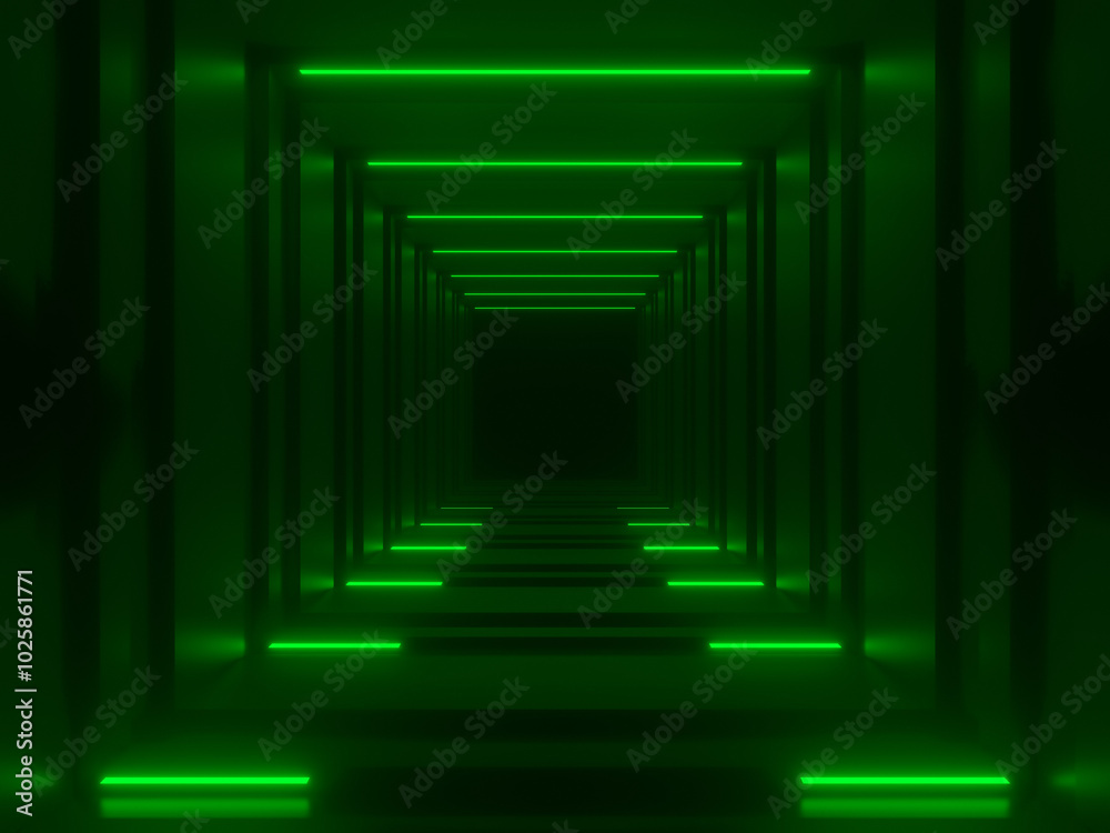 3D green neon tunnel. Black background with neon lights. 3D green neon tunnel. Black background with neon lights.