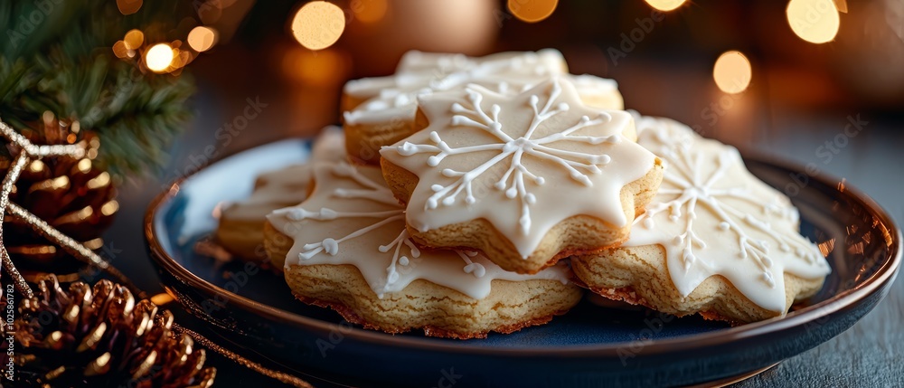 cookies arranged on a plate, nearby sits a pine cone, Christmas lights adorn the backdrop cookies arranged on a plate, nearby sits a pine cone, Christmas lights adorn the backdrop