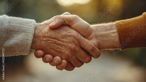 Obraz na płótnie Handshake, old man's hand and young man's hand, close-up, on light background, great quality and texture w salonie