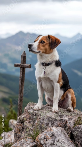  A brown-and-white dog sits atop a rock before a mountain range, a wooden cross in its foreground