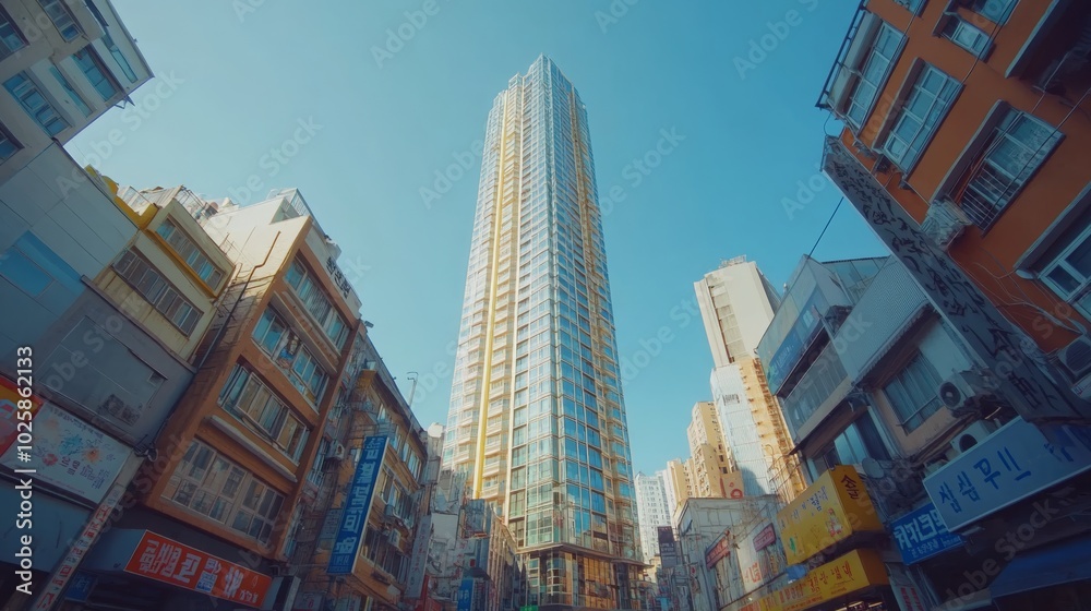 High-rise glass building seen from below in busan, wide angle, 4k, High-rise glass building seen from below in busan, wide angle, 4k,
